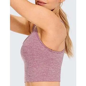 CRZ YOGA Womens Longline Seamless Ribbed Sports Bra - Padded Racerback Sports Bra Yoga Crop Tank Tops Misty Merlot Medium