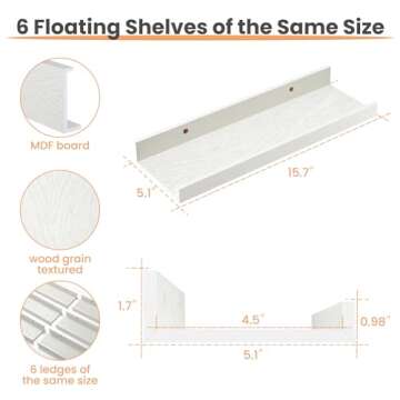 upsimples Floating Shelves for Wall, Wood Mounted Shelf Decor Storage Set of 6, for Bedroom, Living Room, Bathroom, Kitchen, Picture Ledge, White