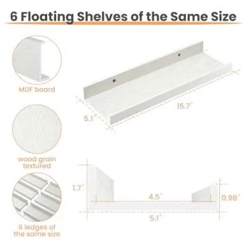 upsimples Floating Shelves for Wall, Wood Mounted Shelf Decor Storage Set of 6, for Bedroom, Living Room, Bathroom, Kitchen, Picture Ledge, White