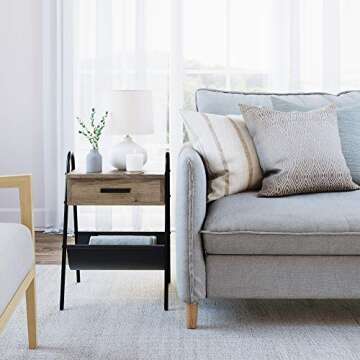 Nathan James 32502 Hugo Wood Nightstand, Rustic Accent End or Side Table with Drawer, Durable Black Metal Frame & Leather Hammock, Gray/Black