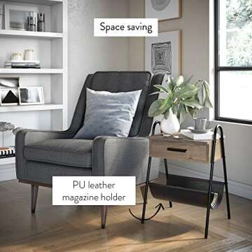 Nathan James 32502 Hugo Wood Nightstand, Rustic Accent End or Side Table with Drawer, Durable Black Metal Frame & Leather Hammock, Gray/Black