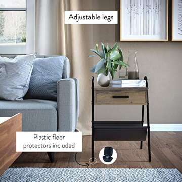 Nathan James 32502 Hugo Wood Nightstand, Rustic Accent End or Side Table with Drawer, Durable Black Metal Frame & Leather Hammock, Gray/Black