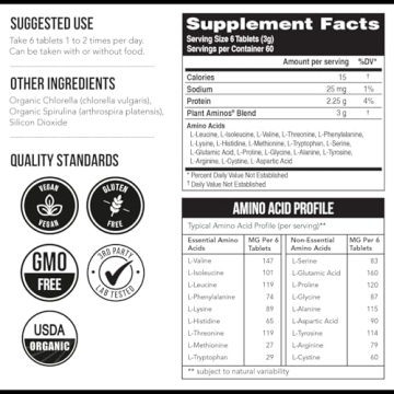 Organic Plant Aminos Essential Amino Acids - Vegan, Raw - 360 Tablets