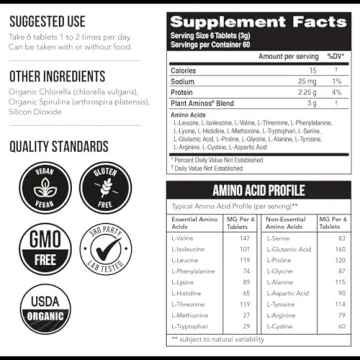 Organic Plant Aminos Essential Amino Acids - Vegan, Raw - 360 Tablets