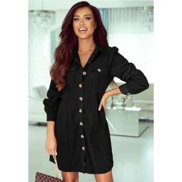 Alaster Queen Women's Black Corduroy Long Sleeve Dresses 2024 Fall Winter Button Down Tunic Casual Short Dress with Pocket