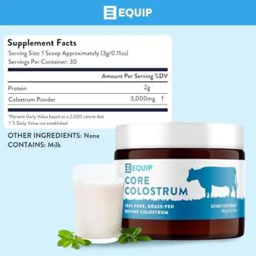 Equip Foods Core Colostrum | Grass Fed Colostrum Powder 3,000mg | Gut Health, Immunity, Recovery | Lactoferrin Supplements | Keto Friendly Colostrum Supplement | 30 Servings, Unflavored