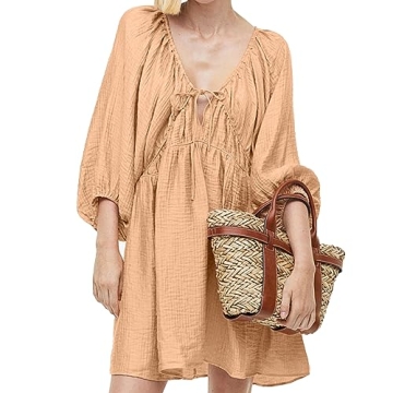 Women's Summer Casual Dress Sexy Deep V Neck 3/4 Balloon Sleeve Oversized Mini Dress (as1, Alpha, x_...