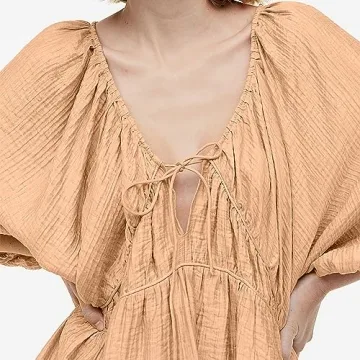 Women's Summer Casual Dress Sexy Deep V Neck 3/4 Balloon Sleeve Oversized Mini Dress (as1, Alpha, x_l, Regular, Regular, Coral Sand)