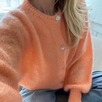 Y2k Knitted Cropped Cardigan Sweaters Women Long Sleeve Button Down Open Front Casual Cardigan Knitwear Top (Orange #001, L)