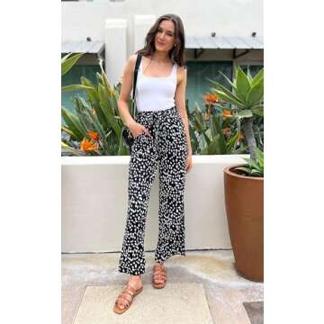 ECOWISH Palazzo Pants for Women: Wide Leg Flowy Polka Dot Work Pants Pockets High Waist Business Belt Striped Trousers Loose 160 Black Medium