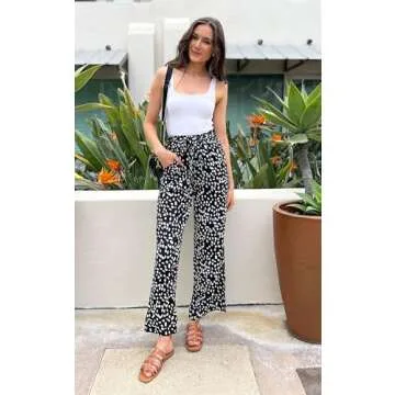 ECOWISH Palazzo Pants for Women: Wide Leg Flowy Polka Dot Work Pants Pockets High Waist Business Belt Striped Trousers Loose 160 Black Medium