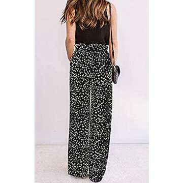 ECOWISH Palazzo Pants for Women: Wide Leg Flowy Polka Dot Work Pants Pockets High Waist Business Belt Striped Trousers Loose 160 Black Medium