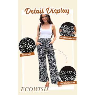 ECOWISH Palazzo Pants for Women: Wide Leg Flowy Polka Dot Work Pants Pockets High Waist Business Belt Striped Trousers Loose 160 Black Medium