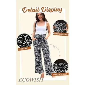 ECOWISH Palazzo Pants for Women: Wide Leg Flowy Polka Dot Work Pants Pockets High Waist Business Belt Striped Trousers Loose 160 Black Medium