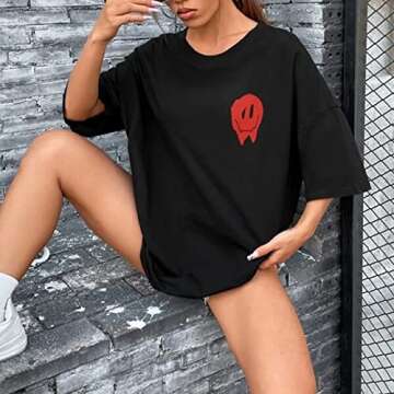SAFRISIOR Women Oversized Graphic Print T-Shirt Crewneck Short Sleeve Tee Blouse Casual Shirt Top 90s Girls Black