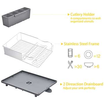 Dish Drying Rack for Kitchen Counter, 304 Stainless Steel Dish Rack, Multifunction Dish Drainer, Dish Strainer with Cup Holder,Dish Drainer Rack with Cutlery Holder, Kitchen Plate Rack Standard Size