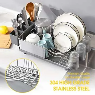 Dish Drying Rack for Kitchen Counter, 304 Stainless Steel Dish Rack, Multifunction Dish Drainer, Dish Strainer with Cup Holder,Dish Drainer Rack with Cutlery Holder, Kitchen Plate Rack Standard Size