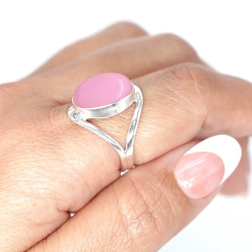 JEWELOPORIUM Pink Rose Quartz Silver Ring Size 9 for Women, 925 Sterling Silver Boho Jewelry