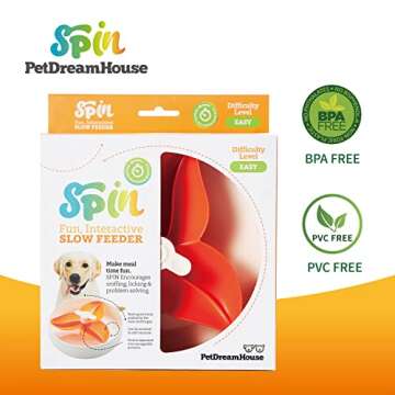 PetDreamHouse Spin Slow Feeder Bowl for Dogs, Interactive Moving Center Piece, Bougainvillea Design Orange, Level = Easy
