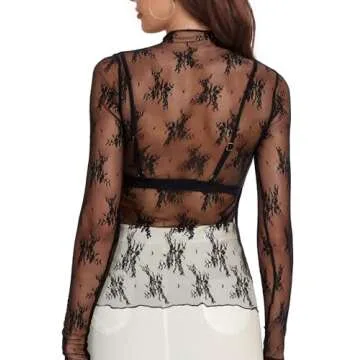 Buauty Mesh Long Sleeve Top for Women, Lace Sheer Tops See Through Mock Neck Floral Embroidery Sheer Blouce Fishnet Shirt Black