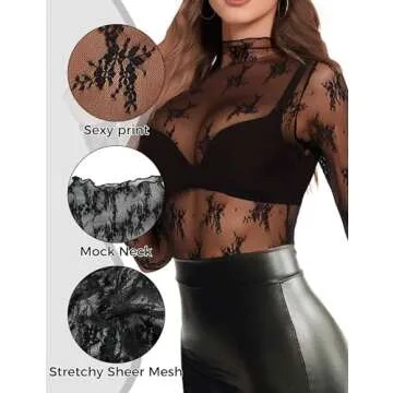 Buauty Mesh Long Sleeve Top for Women, Lace Sheer Tops See Through Mock Neck Floral Embroidery Sheer Blouce Fishnet Shirt Black