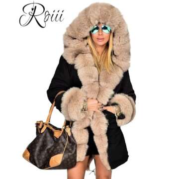 Roiii Women Warm Winter Coat with Hood and Fur