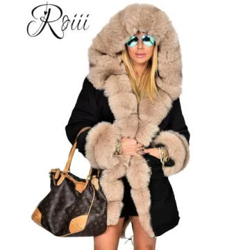 Roiii Women Warm Winter Coat with Hood and Fur