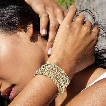 Gold Beaded Bracelets for Women 14K Gold Plated Bracelets Jewelry Trendy Stretch Gold Beaded Bracelet Stack Dainty Stackable Beaded Bracelets Boho Bead Ball Bracelets Set Trendy Gifts Christmas Stocking Stuffers