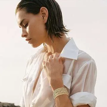 Gold Beaded Bracelets for Women 14K Gold Plated Bracelets Jewelry Trendy Stretch Gold Beaded Bracelet Stack Dainty Stackable Beaded Bracelets Boho Bead Ball Bracelets Set Trendy Gifts Christmas Stocking Stuffers