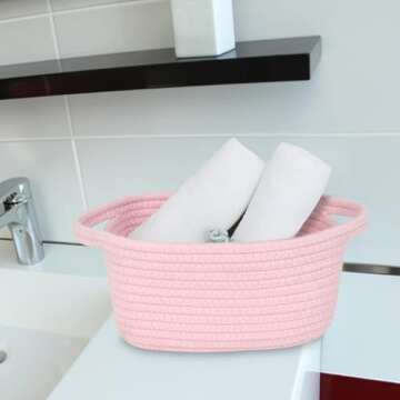 ABenkle Small Storage Basket, Mini Basket, Cute Tiny Cotton Rope Woven Basket,Shelf Basket, Boho Decorative Toy Dog Cat Basket for Nursery, Living Room, Spa, Empty Gift Basket - XS, Pink