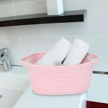 ABenkle Small Storage Basket, Mini Basket, Cute Tiny Cotton Rope Woven Basket,Shelf Basket, Boho Decorative Toy Dog Cat Basket for Nursery, Living Room, Spa, Empty Gift Basket - XS, Pink