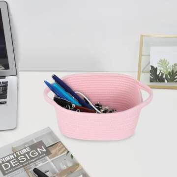 ABenkle Small Storage Basket, Mini Basket, Cute Tiny Cotton Rope Woven Basket,Shelf Basket, Boho Decorative Toy Dog Cat Basket for Nursery, Living Room, Spa, Empty Gift Basket - XS, Pink