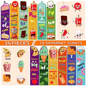 Fainne Scented Bookmarks for Kid Fruit Scratch and Sniff Bookmarks Fun Bookmarks Classroom Bookmark Colorful Chocolate Popcorn Donut Dessert Bookmark Teenager School Office Home, 12 Style(36 Pieces)