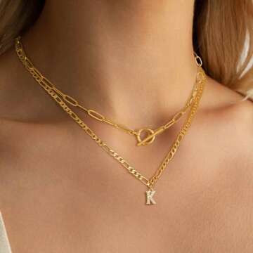 Turandoss Gold Initial Necklaces for Women - 18K Gold Layered Letter Paperclip Chain Necklace for Women, Dainty Gold Layering CZ OT Clasp Necklace for Women, Gold Jewelry for Women Gifts
