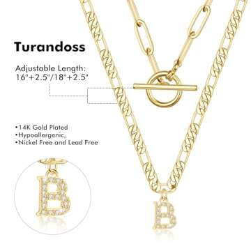 Turandoss Gold Initial Necklaces for Women - 18K Gold Layered Letter Paperclip Chain Necklace for Women, Dainty Gold Layering CZ OT Clasp Necklace for Women, Gold Jewelry for Women Gifts