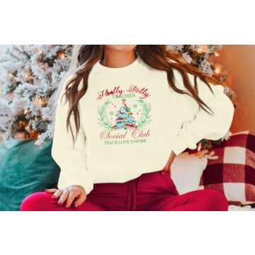 MOUSYA Christmas Teacher Sweashirt Woman Teacher Appreciation Gifts Shirt Casual Crewneck Long Sleeve Pullover Tops