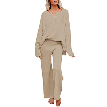 Pink Queen Women's 2 Piece Outfit Set Long Sleeve Button Knit Pullover Sweater Top and Wide Leg Pant...