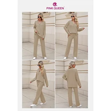 Pink Queen Women's 2 Piece Outfit Set Long Sleeve Button Knit Pullover Sweater Top and Wide Leg Pants Sweatsuit Khaki M