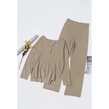 Pink Queen Women's 2 Piece Outfit Set Long Sleeve Button Knit Pullover Sweater Top and Wide Leg Pants Sweatsuit Khaki M