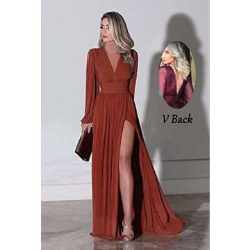 V Neck Long Sleeve Bridesmaid Dresses with Slit Chiffon Formal Dresses Evening Party Gowns US6 Musta...