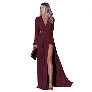 V Neck Long Sleeve Bridesmaid Dresses with Slit Chiffon Formal Dresses Evening Party Gowns US6 Mustard Yellow