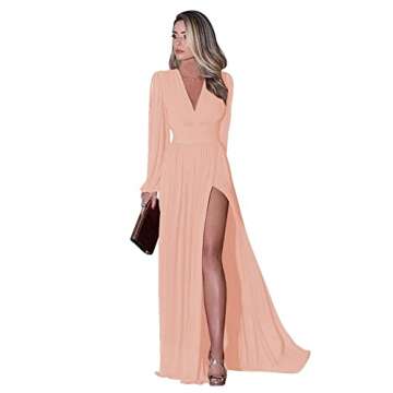 V Neck Long Sleeve Bridesmaid Dresses with Slit Chiffon Formal Dresses Evening Party Gowns US6 Mustard Yellow