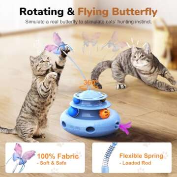 Cat Toys, 4-in-1 Rechargeable Automatic Interactive Cat Toy with Fluttering Butterfly, Random Moving Ambush Feather, Two-Tier Track Balls, 5H Smart Standby, Touch-Activated (Blue)
