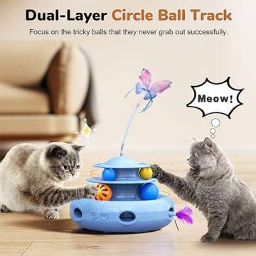 Cat Toys, 4-in-1 Rechargeable Automatic Interactive Cat Toy with Fluttering Butterfly, Random Moving Ambush Feather, Two-Tier Track Balls, 5H Smart Standby, Touch-Activated (Blue)
