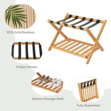 Semiocthome Fully Assembled Luggage Racks Pack of 2, Folding Suitcase Stand for Guest Room with Storage Shelf, Luggage Stands fit Most Suitcase Sizes, Hotel Style, Honey Oak