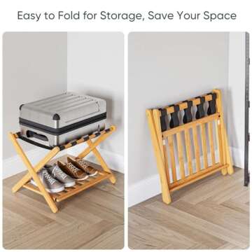 Semiocthome Fully Assembled Luggage Racks Pack of 2, Folding Suitcase Stand for Guest Room with Storage Shelf, Luggage Stands fit Most Suitcase Sizes, Hotel Style, Honey Oak