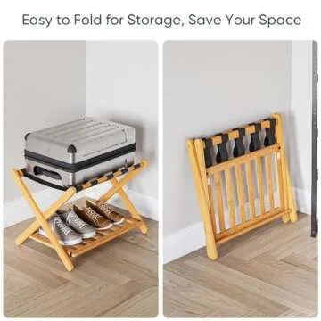 Semiocthome Fully Assembled Luggage Racks Pack of 2, Folding Suitcase Stand for Guest Room with Storage Shelf, Luggage Stands fit Most Suitcase Sizes, Hotel Style, Honey Oak