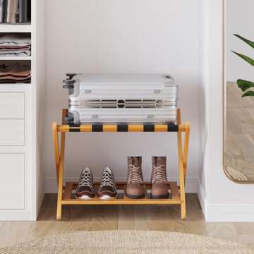 Semiocthome Fully Assembled Luggage Racks Pack of 2, Folding Suitcase Stand for Guest Room with Storage Shelf, Luggage Stands fit Most Suitcase Sizes, Hotel Style, Honey Oak