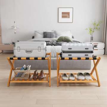 Semiocthome Fully Assembled Luggage Racks Pack of 2, Folding Suitcase Stand for Guest Room with Storage Shelf, Luggage Stands fit Most Suitcase Sizes, Hotel Style, Honey Oak