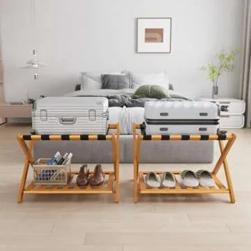 Semiocthome Fully Assembled Luggage Racks Pack of 2, Folding Suitcase Stand for Guest Room with Storage Shelf, Luggage Stands fit Most Suitcase Sizes, Hotel Style, Honey Oak